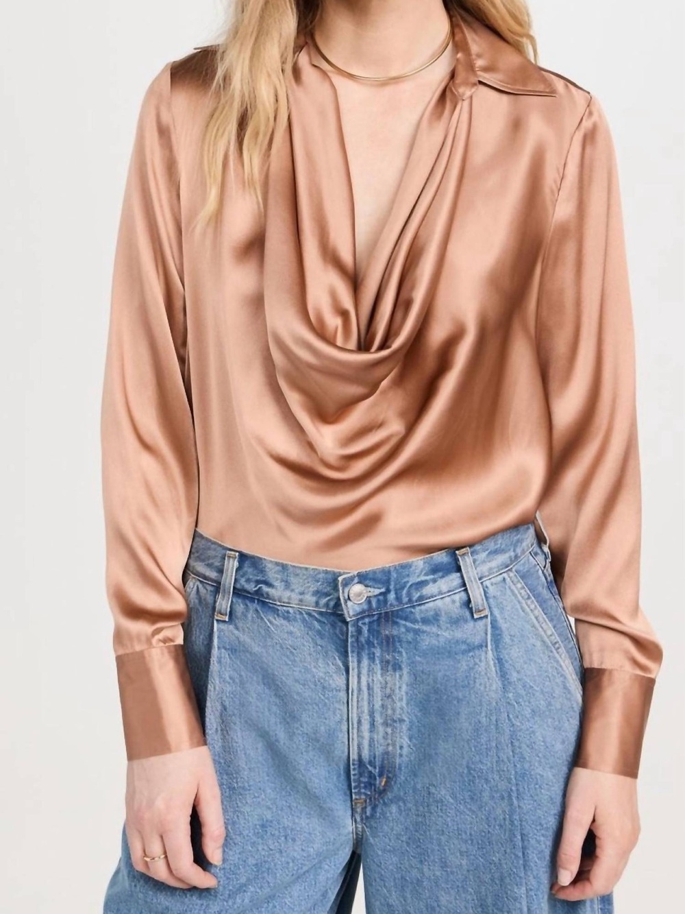 L'AGENCE Satin Draped Cowl Neck Blouse - Champagne Tan